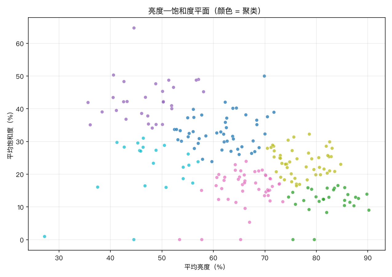 Scatter of brightness against saturation, coloured by cluster; later works tend to be brighter.